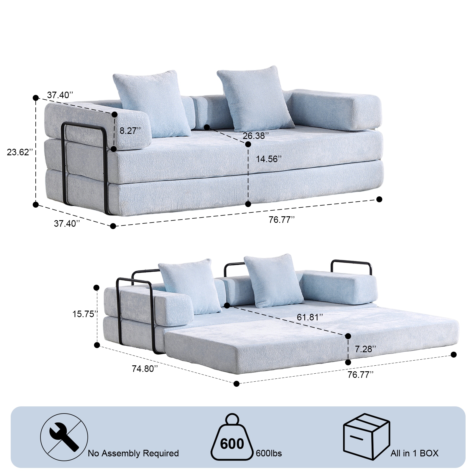Floor Couch,Compression Sofa,Convertible Floor Sofa Bed-with Pillow Back Support Armrest,Comfy Futon Couch Lounge Sleeper Bed (Light-Blue)_voghion.com